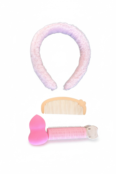 Pembe Renk Taç,Tarak,Saç Kabartma Tokası Ve Sünger Set