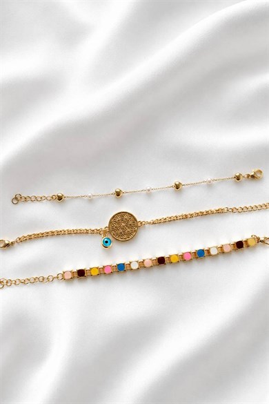 Altın  Renk  Zincir Detaylı 3lü Bileklik Set