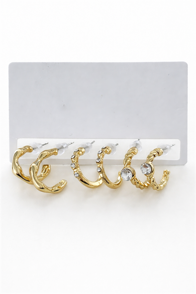 6lı Altın Renk Taş Detaylı Küpe Set