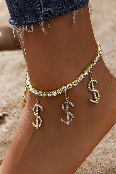 Altın Renk Dolar Figürlü Taş Detaylı Tasarım Halhal