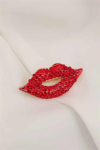 Kırmızı Renk Dudak Figürlü Taşlı Broş  