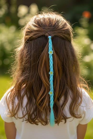 Mavi Renk Çiçek Figürlü Saç Detaylı Lastik Toka