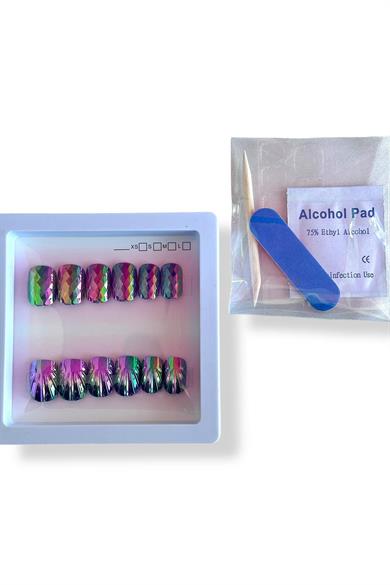 12li Mor Renk Karışık Figürlü Jel Görünümlü Takma Tırnak Set (Yapıştırıcılı)