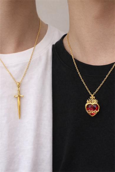 Altın Renk Kalp Ve Kılıç Figürlü Çelik Çift Kolyesi