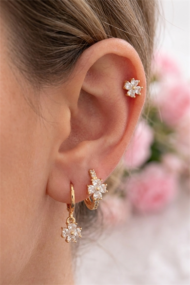 Altın Renk Çiçek Figürlü Taş Detaylı 3lü YSX Küpe