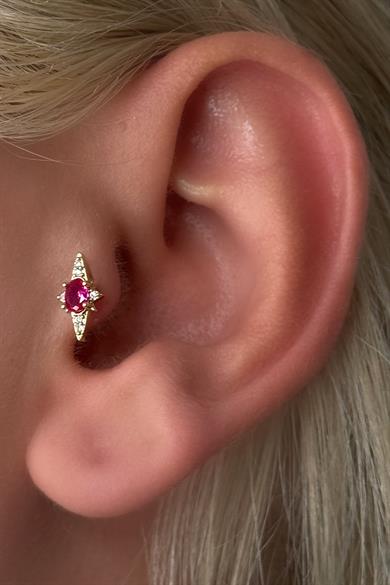 Altın Renk Taş Detaylı Çelik Tragus/Kıkırdak Küpe/Piercing (Tek)
