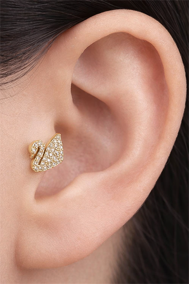 Altın Renk Kuğu Figürlü Taş Detaylı Cerrahi Çelik Tragus/Kıkırdak Küpe/Piercing (Tek)