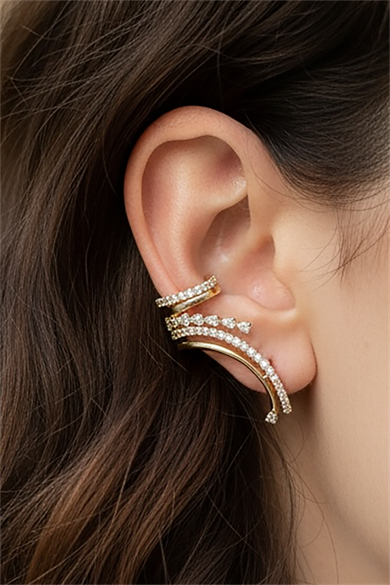 Altın Renk Taş Detaylı 14K Altın Kaplama TX Ear Cuff (Tek)