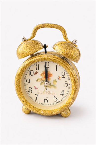 Sarı Renk Simli Mini Dekoratif Işıklı Alarmlı Yuvarlak Masa Saati