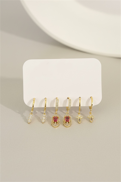 Altın Renk 6lı Taş Detaylı Set Küpe