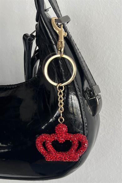 Altın Renk Taç Figürlü Kırmızı Taş Detaylı Çanta Charm/ Anahtarlık