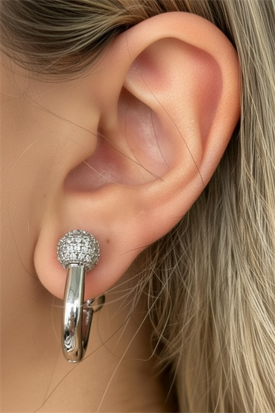 Gümüş Renk Taş Detaylı 14K Altın Kaplama TX Küpe (Çift)