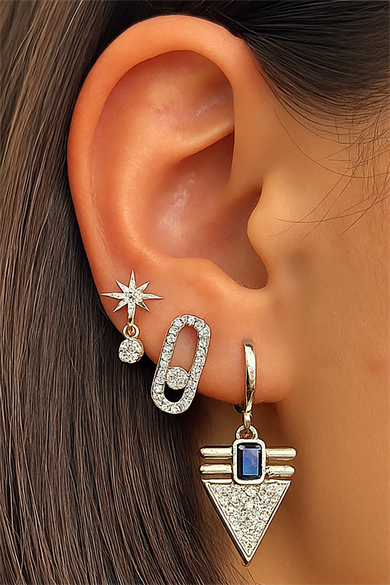 Gümüş Renk Taş Detaylı 3lü YSX Küpe Set