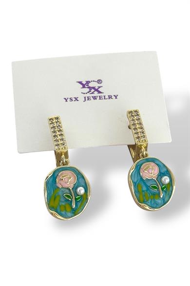 Altın Renk Çiçek Figürlü Taş Detaylı YSX Küpe 