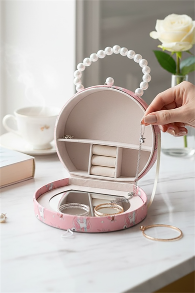 Pembe Renk Unicorn Figürlü İnci Detaylı Çanta Detaylı Takı Kutusu/Organizer