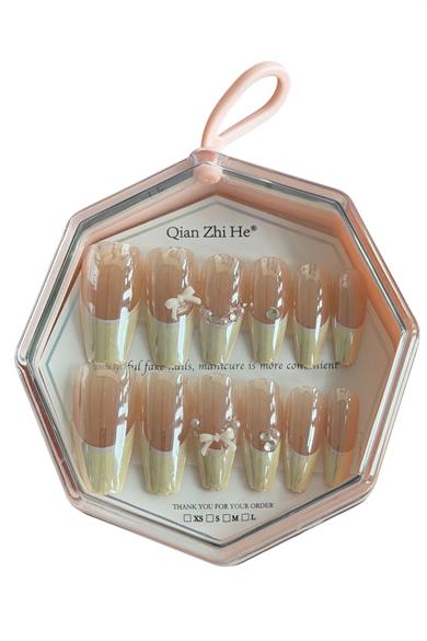 12li Krem Ve Pudra Renk Jel Görünümlü Takma Tırnak (Yapıştırıcılı)