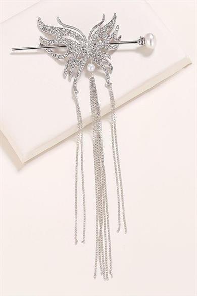 Gümüş Renk Kelebek Figürlü Taşlı Sallantılı Topuz Toka