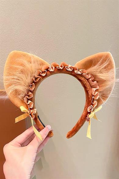 Kahverengi Kedi Kulak Detaylı Peluş Taç