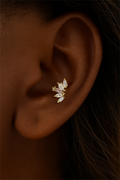 Altın Renk Taş Detaylı Çelik Tragus/Kıkırdak Küpe/Piercing (Tek)