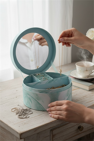 Mavi Renk Ayna Detaylı 2 Bölmeli Takı Organizeri