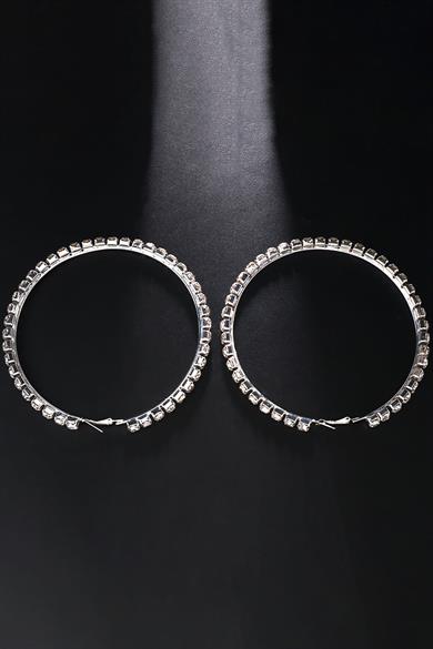 Gümüş Renk Taş Detaylı Halka Küpe 120Mm (Çift)