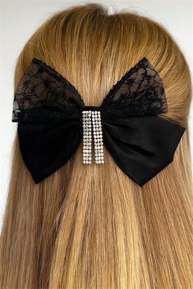 Siyah Renk Kurdele Figürlü Taş Detaylı Otomat Toka