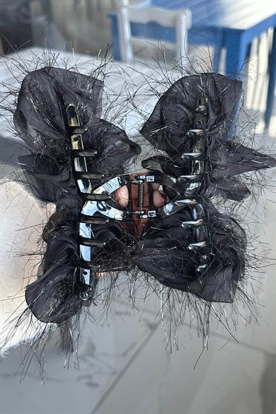 Siyah Renk Kurdele Figürlü Taş Detaylı Mandal Toka