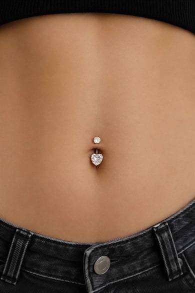 Altın Renk Kalp Figürlü Taşlı Cerrahi Çelik Göbek Piercing