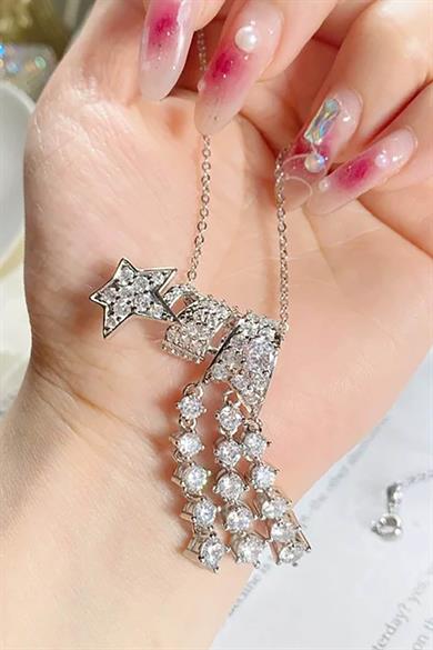 Gümüş Renk Yıldız Figürlü Taş Detaylı 14K Altın Kaplama TX Kolye