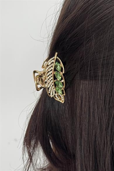 Altın Renk Yaprak Figürlü Taş Detaylı Mini Metal Mandal Toka