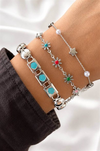 Gümüş   Renk  Zincir Detaylı 3lü Bileklik Set