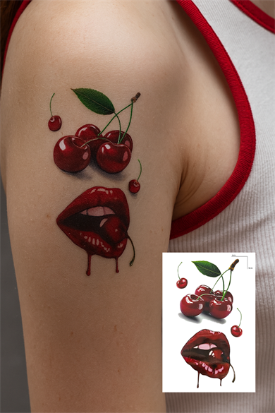 Geçici Kiraz Ve Dudak Figürlü Mini Dövme Tattoo