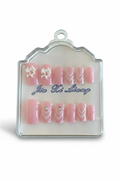 12li Pembe Renk Kurdele Detaylı Takma Tırnak Set (Yapıştırıcılı)