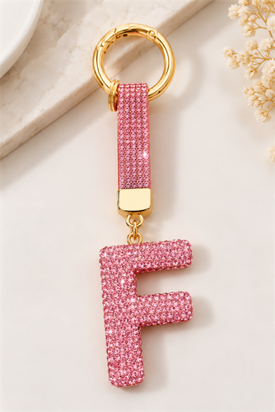 Pembe Renk F Harf Taşlı Çanta Charm/ Anahtarlık