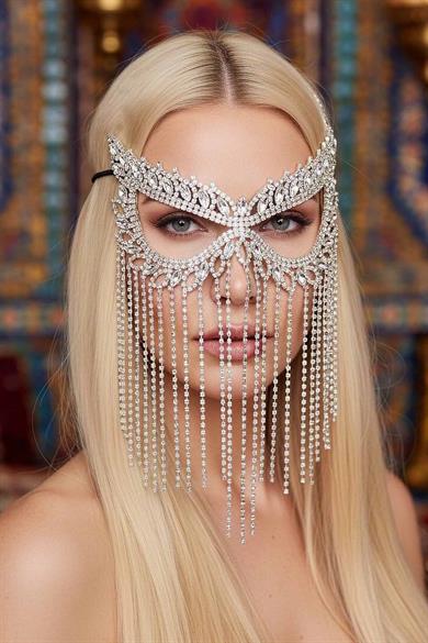 Gümüş Renk Taşlı Parti Maskesi