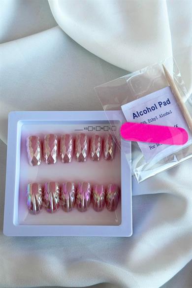 12li Pembe Renk Karışık Figürlü Jel Görünümlü Takma Tırnak Set (Yapıştırıcılı)
