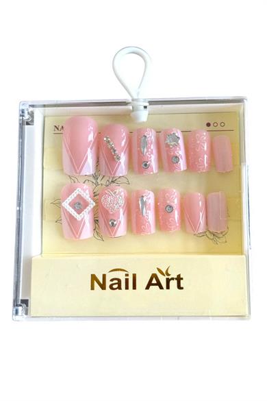 Pembe Renk 12li Taş Detaylı Takma Tırnak Set (Yapıştırıcılı)