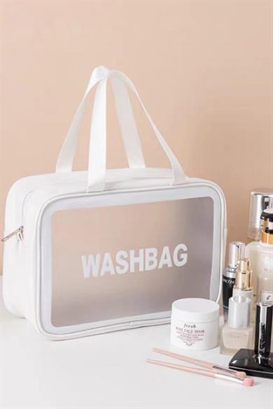 Beyaz Renk Washbag Yazılı Su Geçirmez Büyük Boy Makyaj Çantası