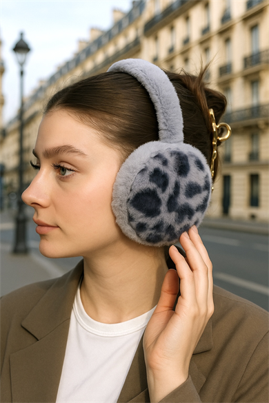 Gri Renk Leopar Detaylı Peluş Kulaklık