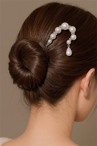 Gümüş Renk İnci Detaylı Topuz Toka