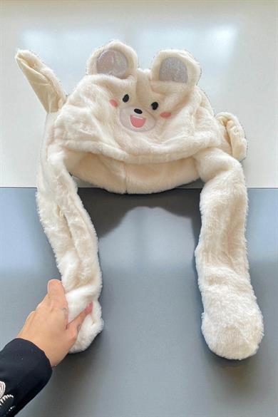 Beyaz Renk Ayıcık Figürlü Kulakları Oynayan Peluş Şapka