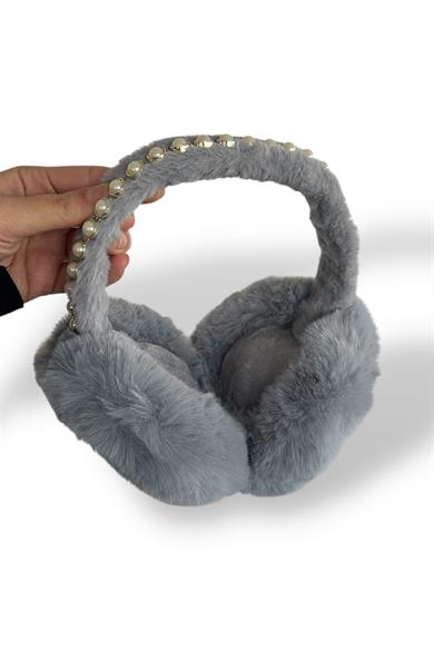 Gri Renk İnci Detaylı Peluş Kulaklık