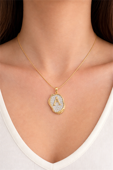 Altın Renk A Harf Taş Detaylı Çelik Kolye