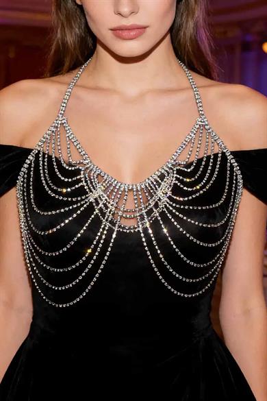 Gümüş Renk Taş Detaylı Bikini Üstü /Bralet /Vücut Aksesuarı