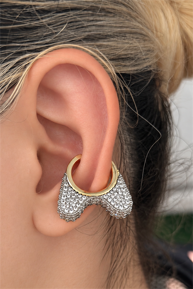 Altın Ve Gümüş Renk Taşlı Tx Ear Cuff  (Tek)