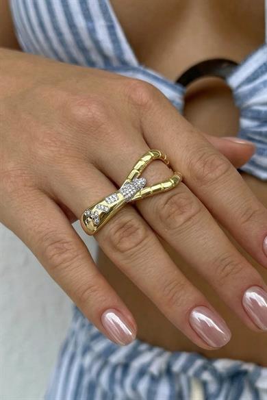 Altın Renk Taş Detaylı Çift Parmak Yüzük