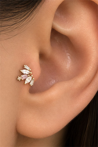 Altın Renk Taşlı Cerrahi Çelik Tragus/Kıkırdak Küpe/Piercing (Tek)