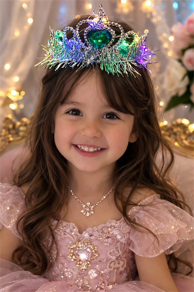 Mavi Renk Kalp Figürlü Işıklı Prenses Çocuk Taç