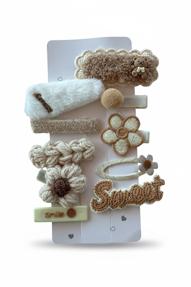 10lu Krem Renk Karışık Figürlü Yan Toka Set