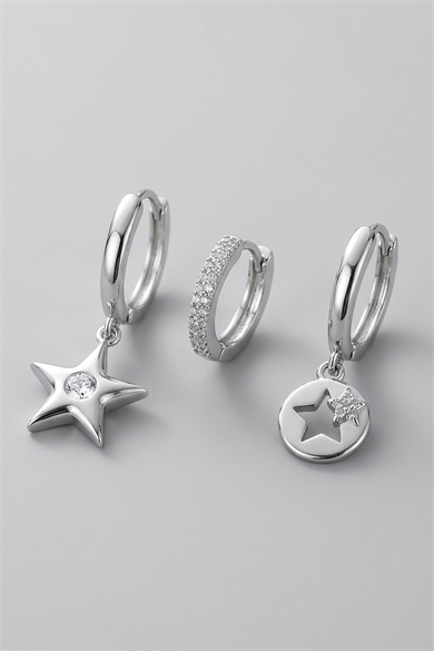 Gümüş Renk Yıldız Figürlü 3lü YSX Küpe Set